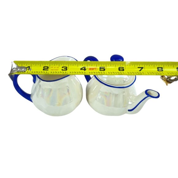Vintage Lusterware Teapot and Creamer Set Iridescent White Cobalt Blue Trim Cera - Picture 5 of 6
